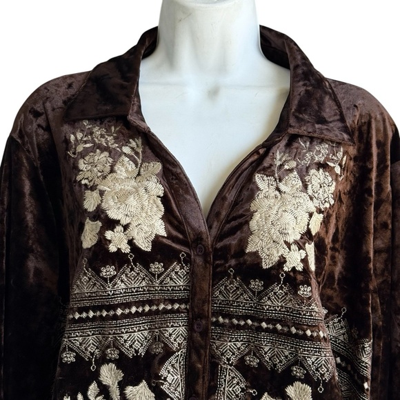 Andree By Unit Velvet Embroidered Boho Tunic Top Plus 2X Long Sleeve Brown - Picture 3 of 4